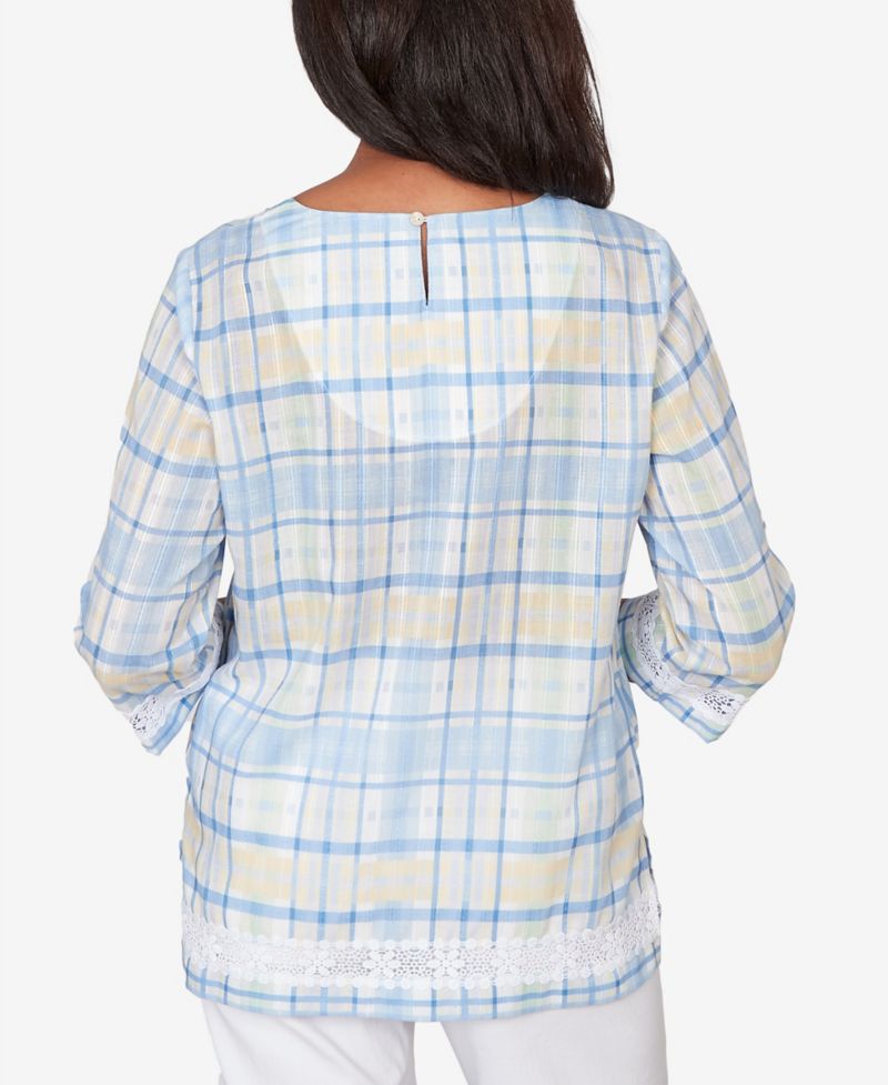 Petite Classic Plaid Embellished Lace Top