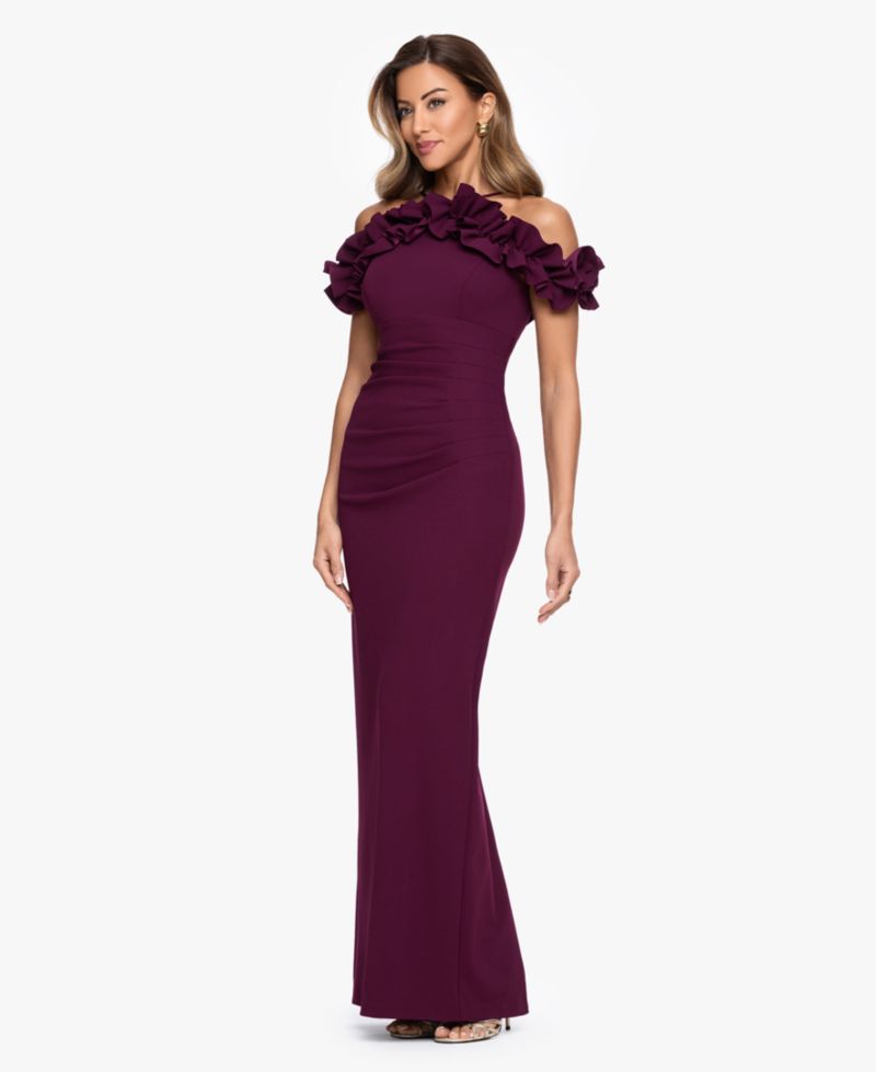 Petite Halter-Strap Ruffled Gown