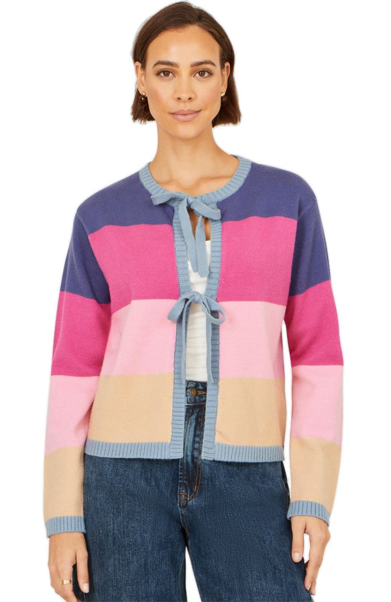 Women's Block Stripe Tie Front Cardigan