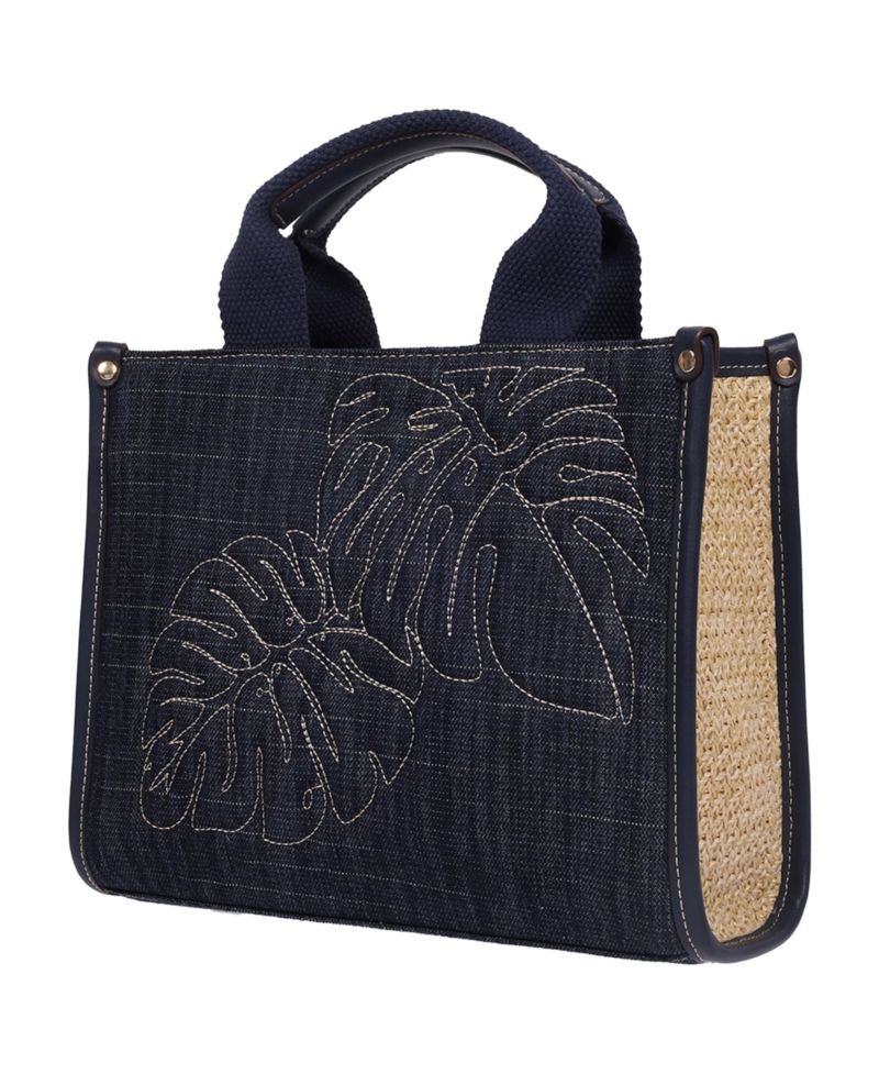 Dorothy Medium Denim Tote - Embroidered Leaf Convertible Top Handle and Crossbody Bag