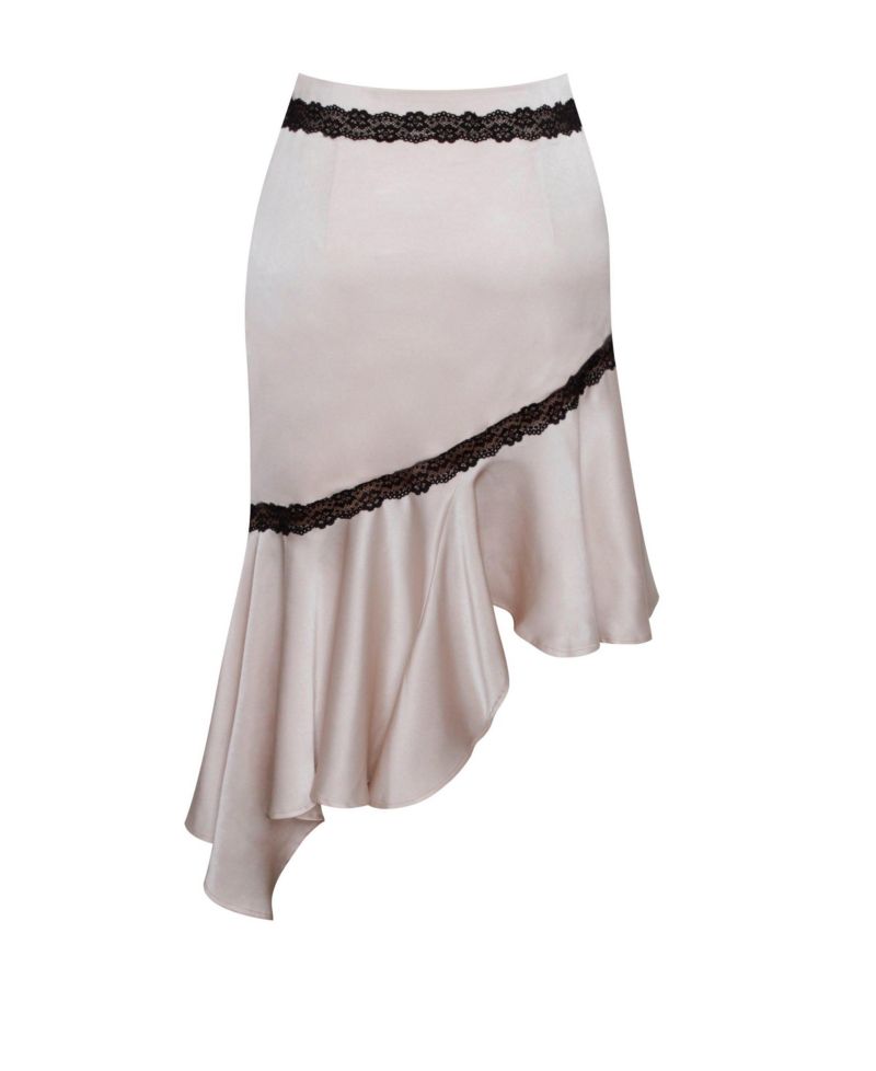 Women's Yahvi Beige Lace Trim Satin Skirt