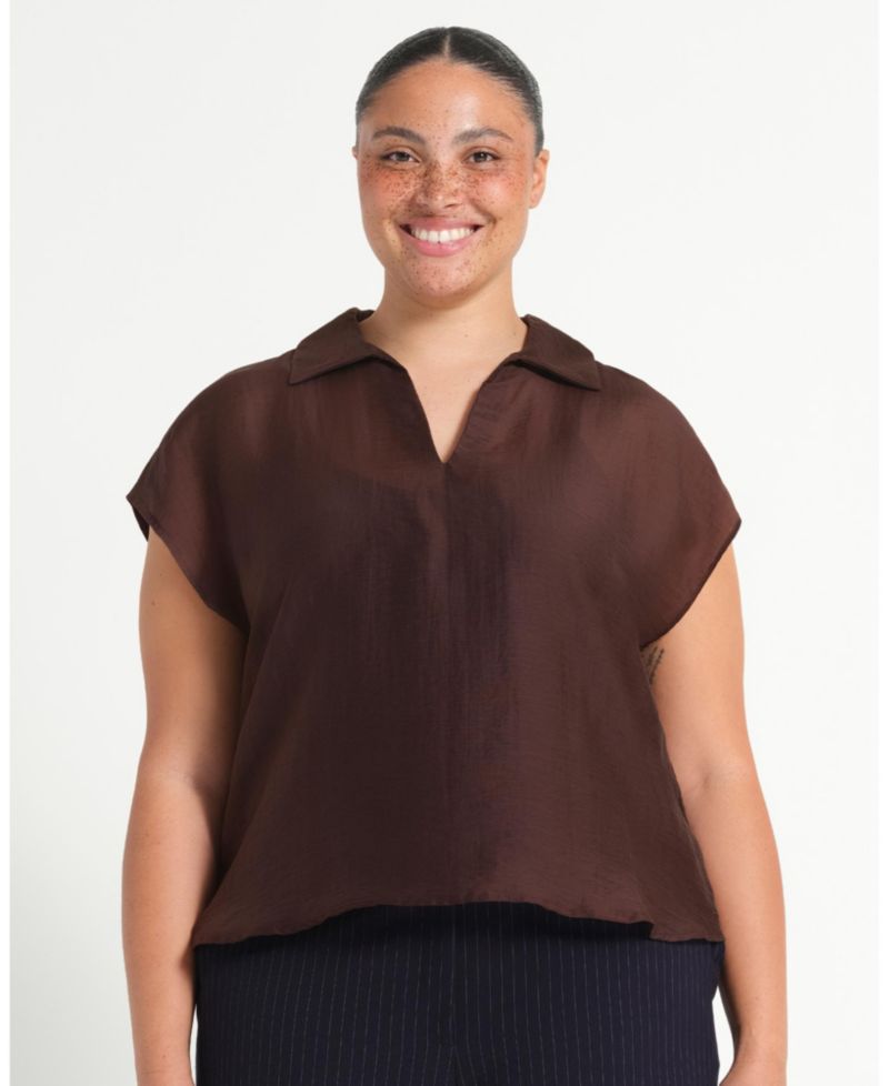 Women's Kelly Sheer Collared V-Neck Short Sleeve Top