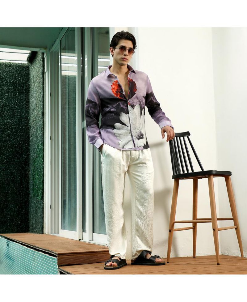 Men's Purple Floral Printed Shirt With Spread Collar