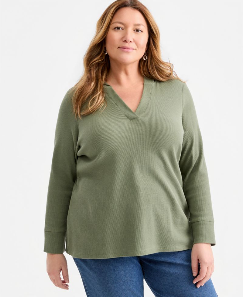 Plus Size Long-Sleeve V-Neck Waffle Hoodie