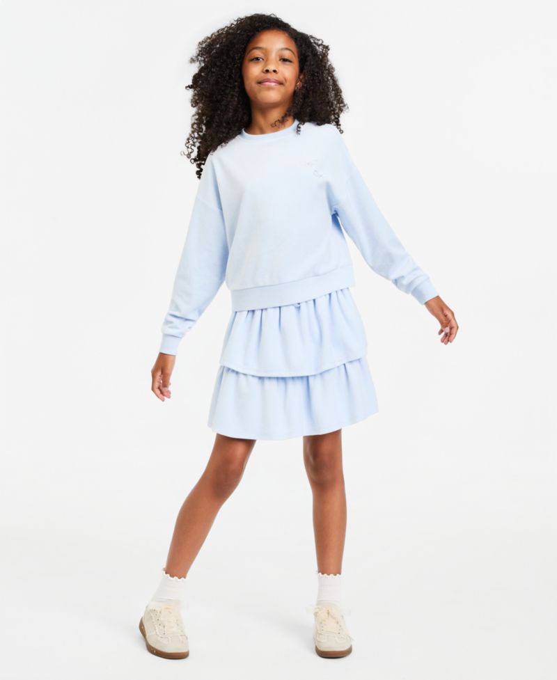 Girls' XS-XL Bow Crewneck Velour Sweatshirt and Ruffle Skirt, 2-Piece Set