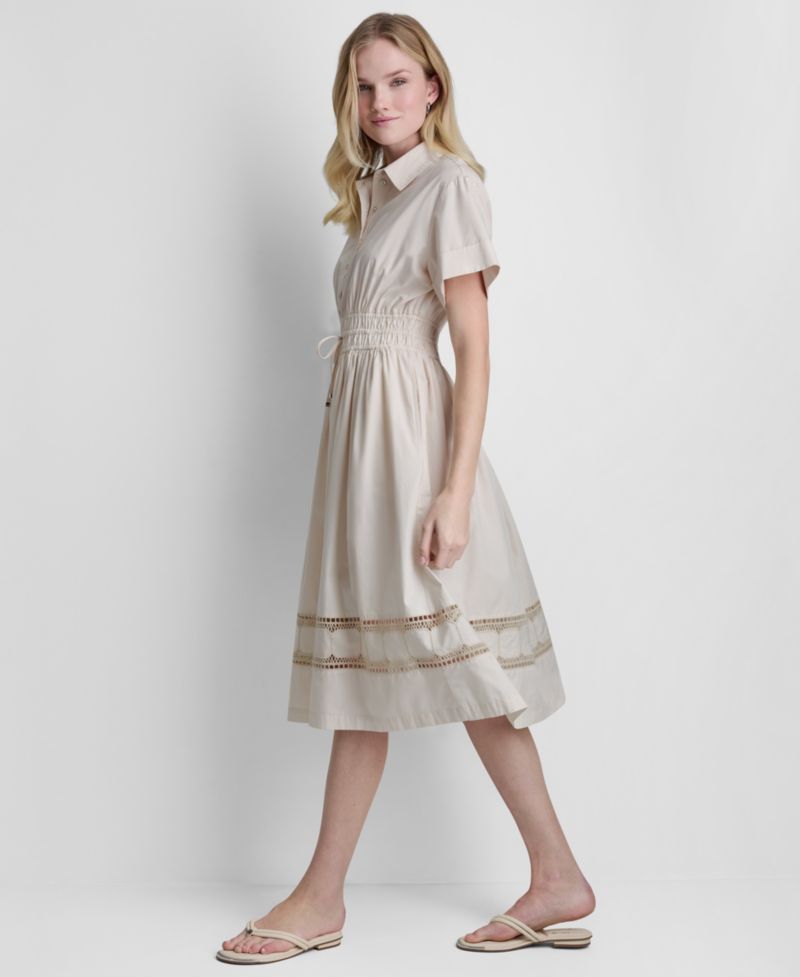 Women's Embroidered Short-Sleeve Cotton Shirt-Dress