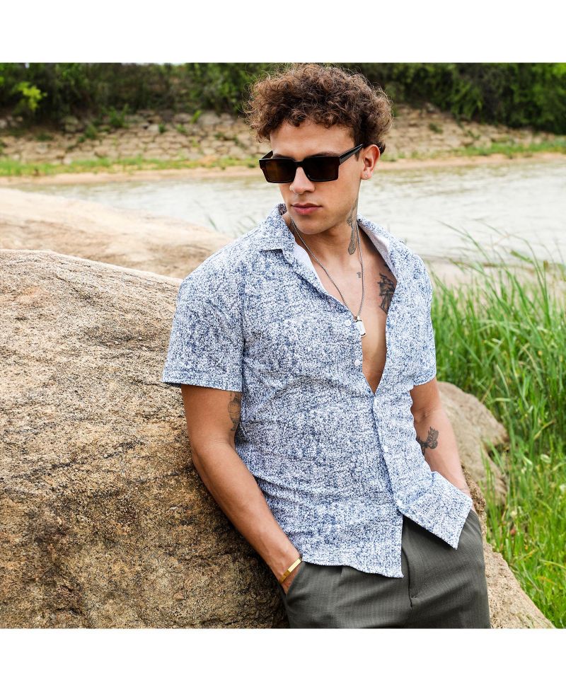 Men's Cream White & Indigo Blue Contrast Hazy Shirt