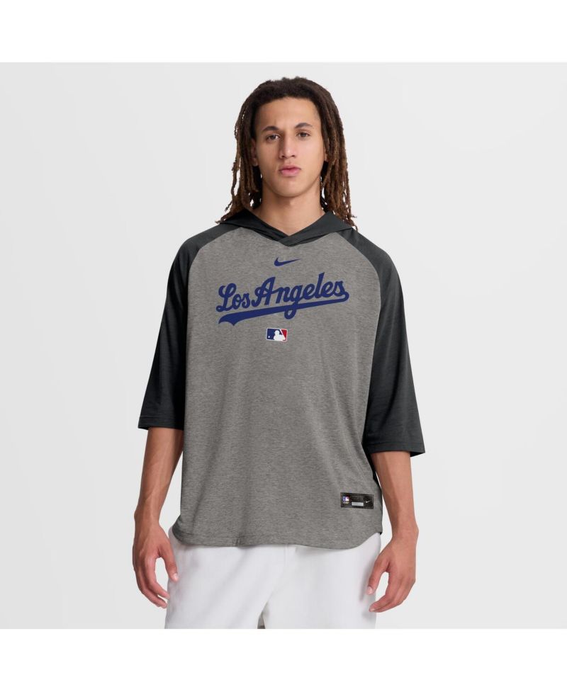 Men's Gray Los Angeles Dodgers Authentic Collection Flux Dri-FIT Raglan 3/4-Sleeve Hooded T-Shirt