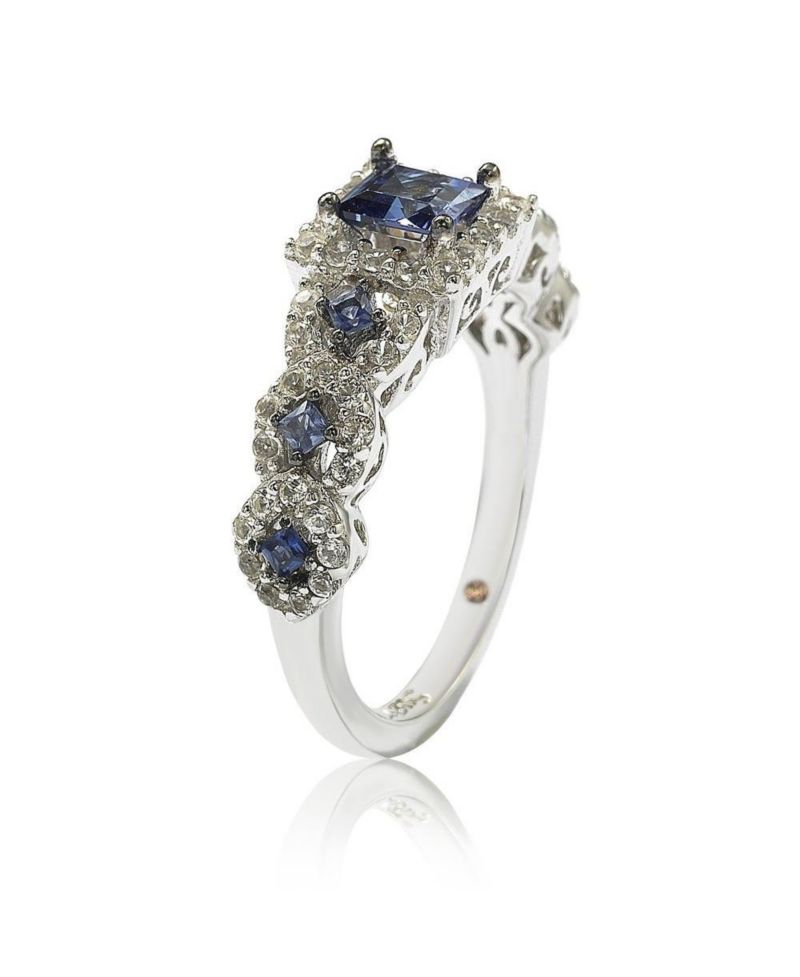 Suzy Levian Sterling Assher Cut Sapphire and Created Sapphire Proposal Ring