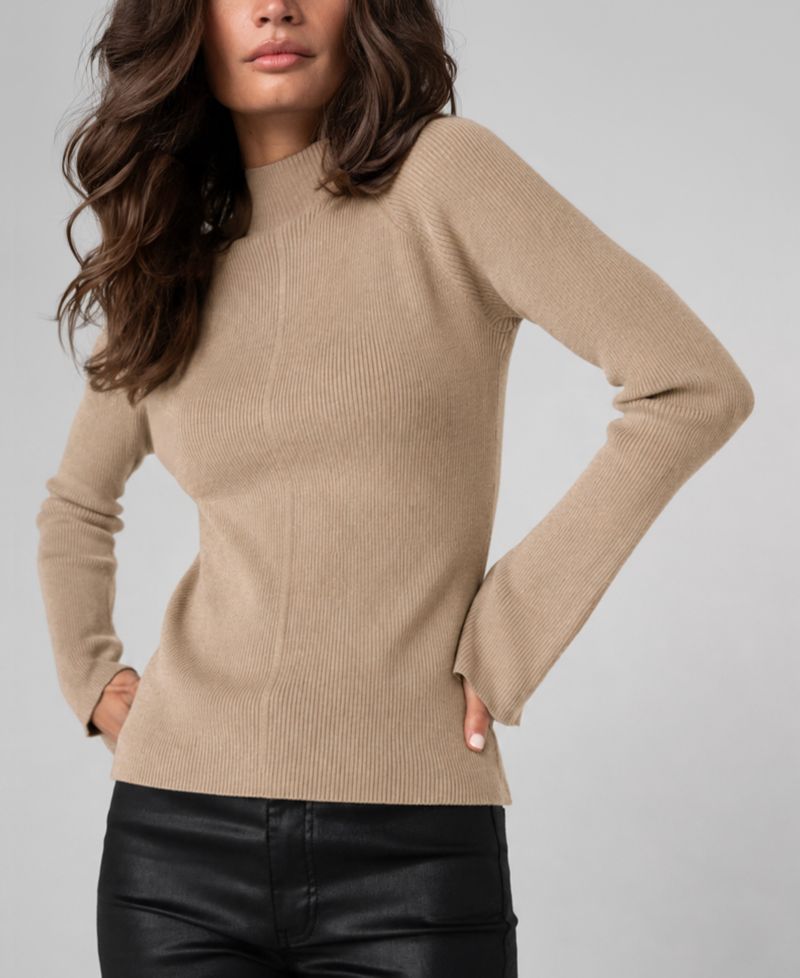 Petite Mock Turtleneck Long Flare Sleeves Ribbed Sweater