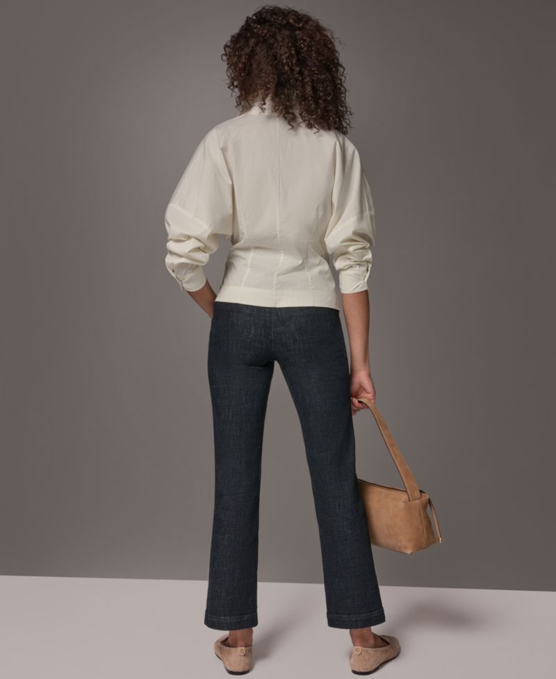 Women's Pinstripe Long-Sleeve Collared V-Neck Blouse
