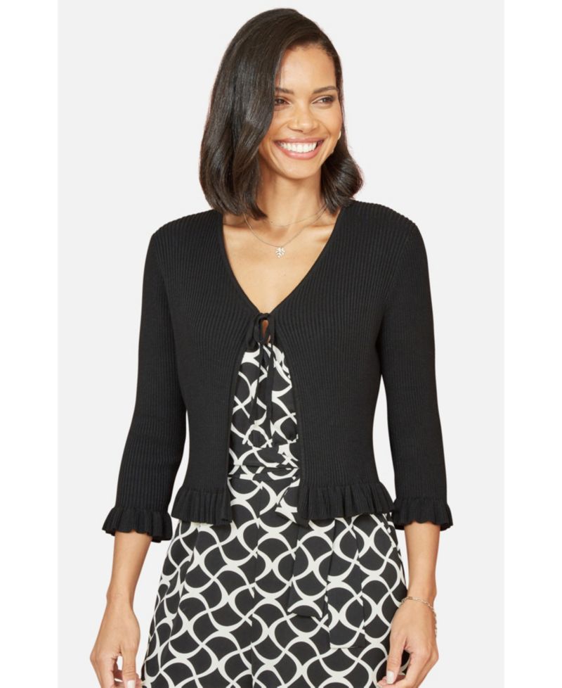 Women's Tie Front Frilled Hem Ribbed Cardigan