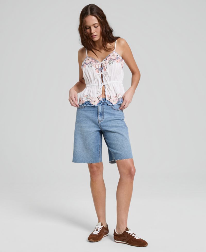 Women's Cotton Embroidered Tie-Front Peplum Tank Top