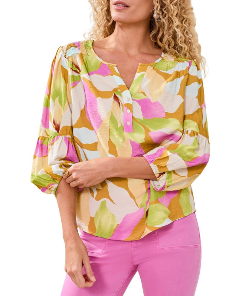 Women's Printed Challis Smocked Yoke Top