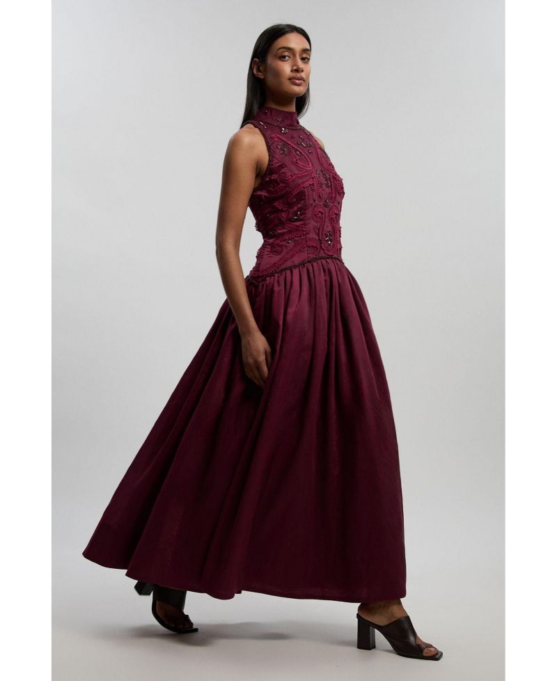 Taffeta High Neck Fit and Flare Dress