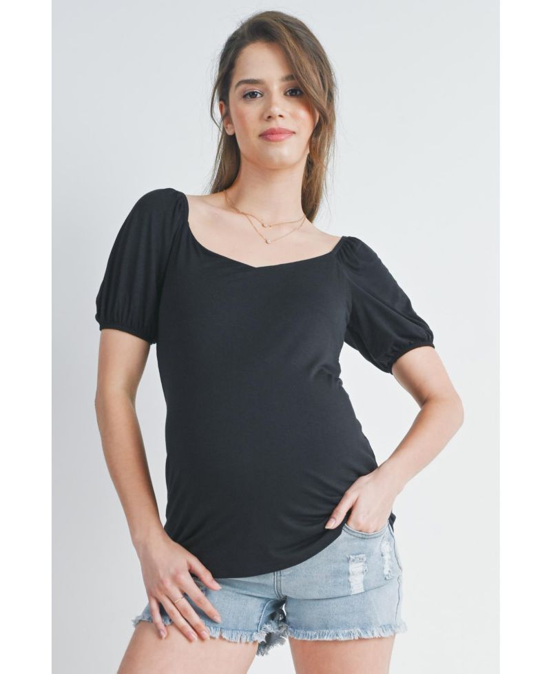 Maternity Short Sleeve Sweetheart Neck Puff Top