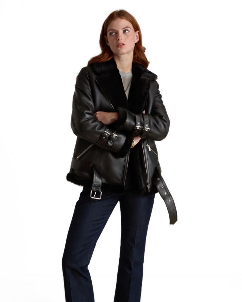 Women's Harriet Sheepskin Belted Biker Aviator Jacket