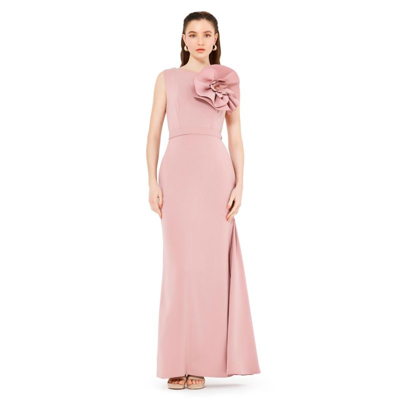 Floral Applique Crepe Column Gown