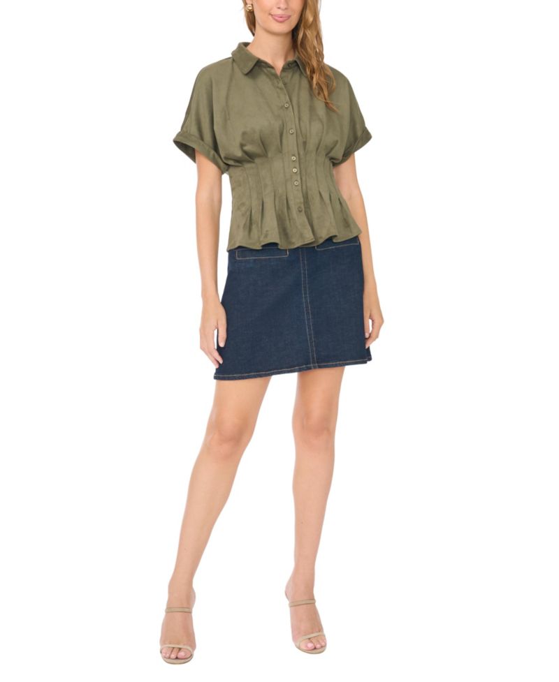 Women's Collared Short-Dolman-Sleeve Pleated-Waist Blouse