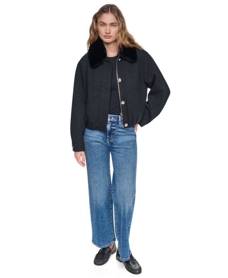 Women's Cropped Faux-Fur Collar Bomber Jacket