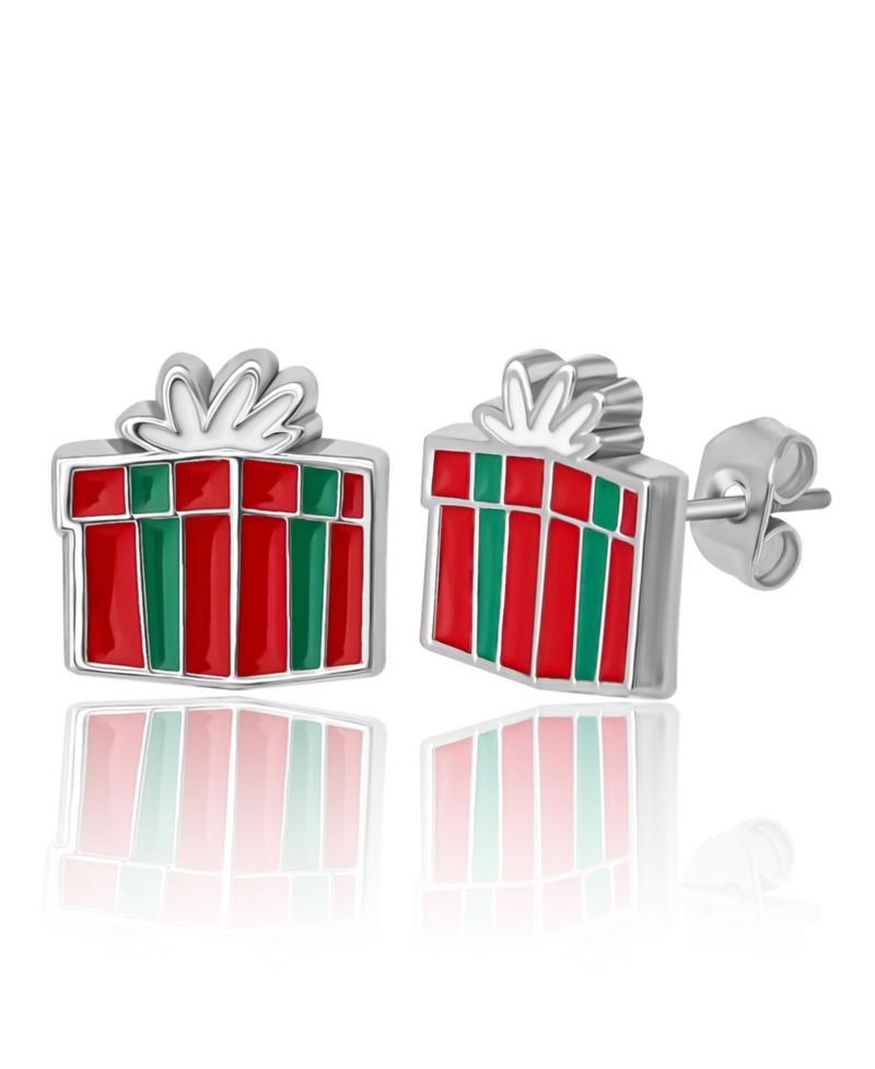 Holiday Stud Earring Set, 3 Pairs - Mickey Santa, Peppermint Ears and Gifts, Silver Tone