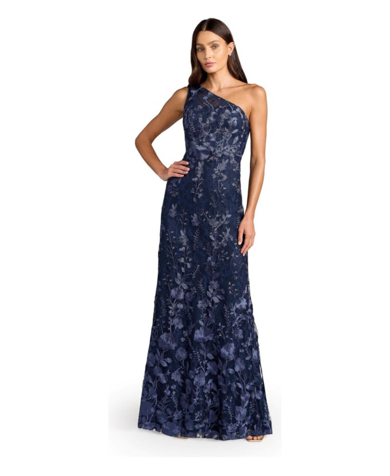Petite One Shoulder Lace Embroidered Gown