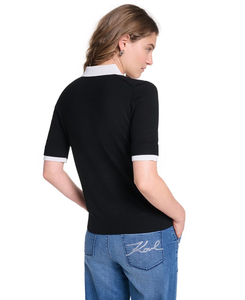 Petite Short-Sleeve Contrast Collar Sweater