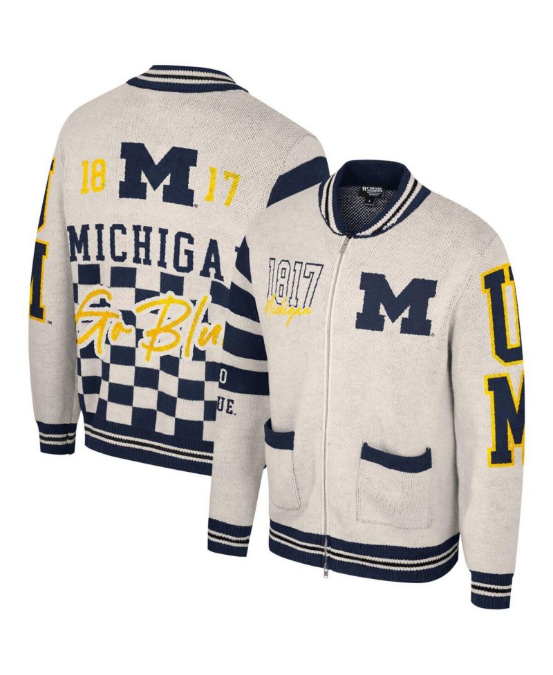 Men's and Women's Cream Michigan Wolverines Jacquard Full-Zip Sweater