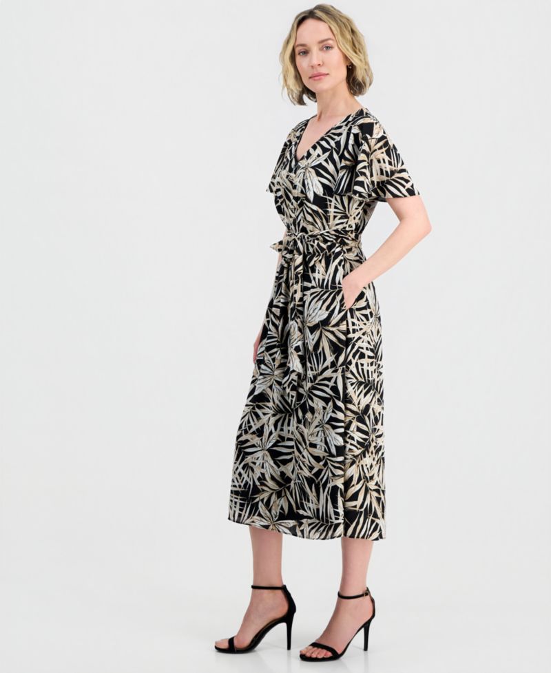 Women's V-Neck Flutter-Sleeve Midi Dress