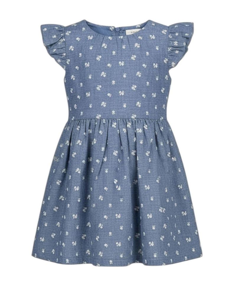 Girls' 4-16 Chambray Smocked-Waist Ruffle-Sleeve Dress
