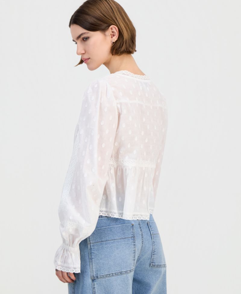 Women's Cotton Lace-Trim Tie-Front Top
