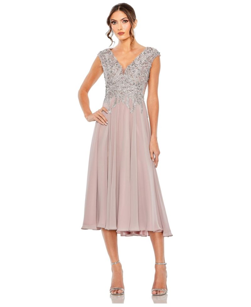 Women's Embroidered Beaded Midi Dress with Cap Sleeves