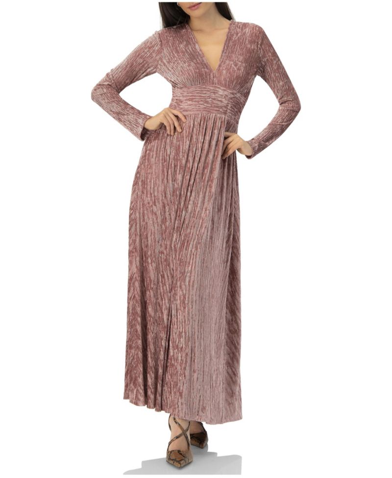 Women's Long Velvet Pleated V-Neck Dress