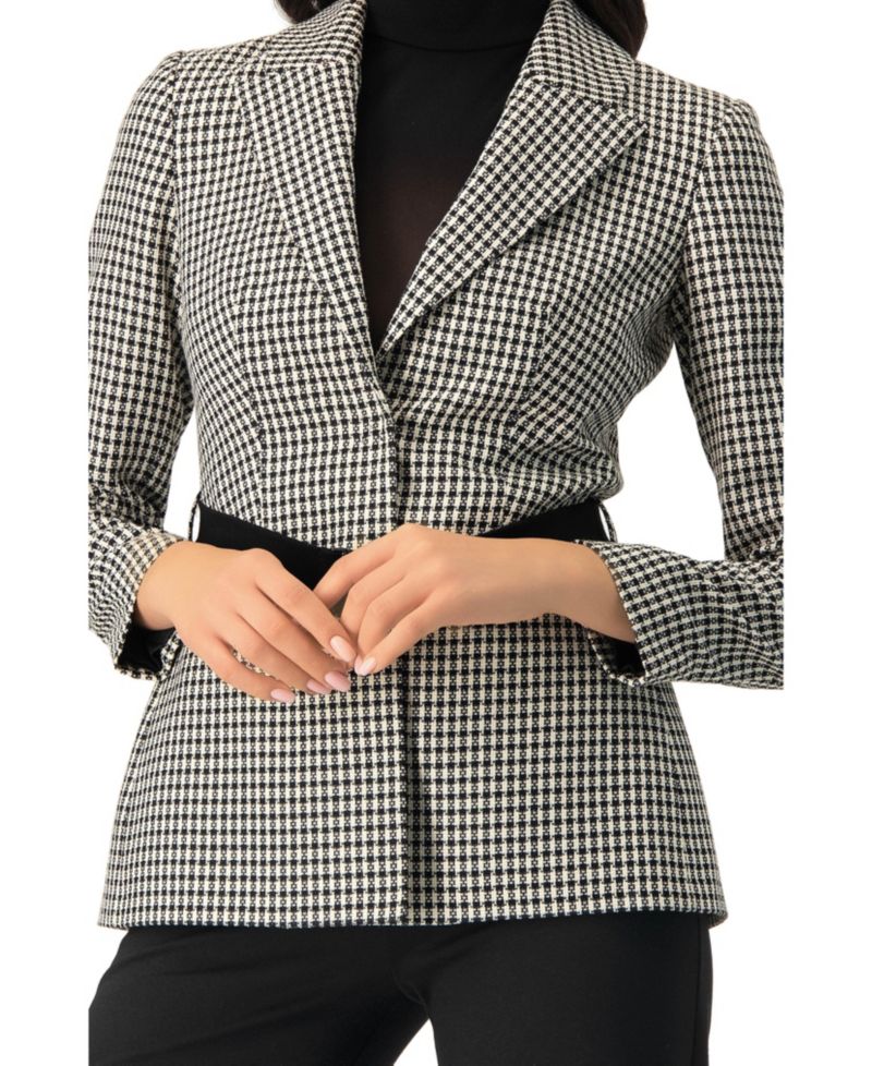 Women's Belted Checkered with Pockets Blazer