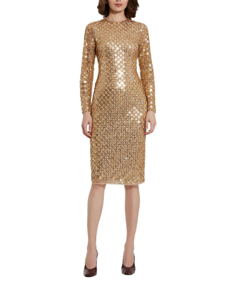 Women's Beaded Georgette Long Sleeve Fitted Midi Dress