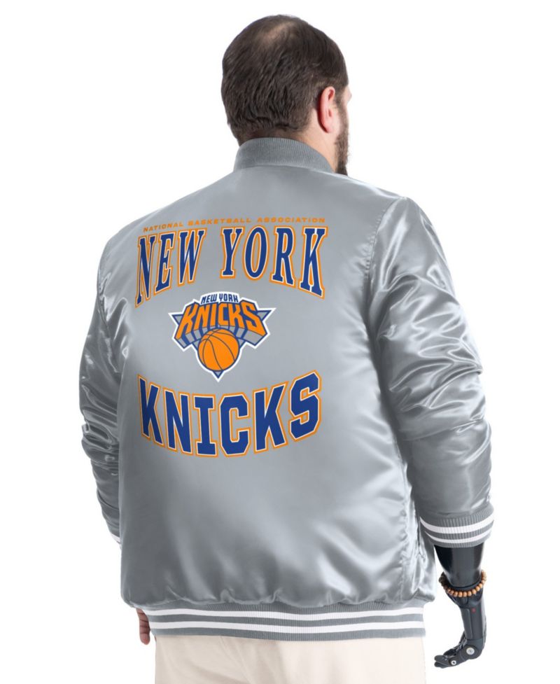 Men's Gray New York Knicks Adaptive Bold Logo Satin Varsity Jacket