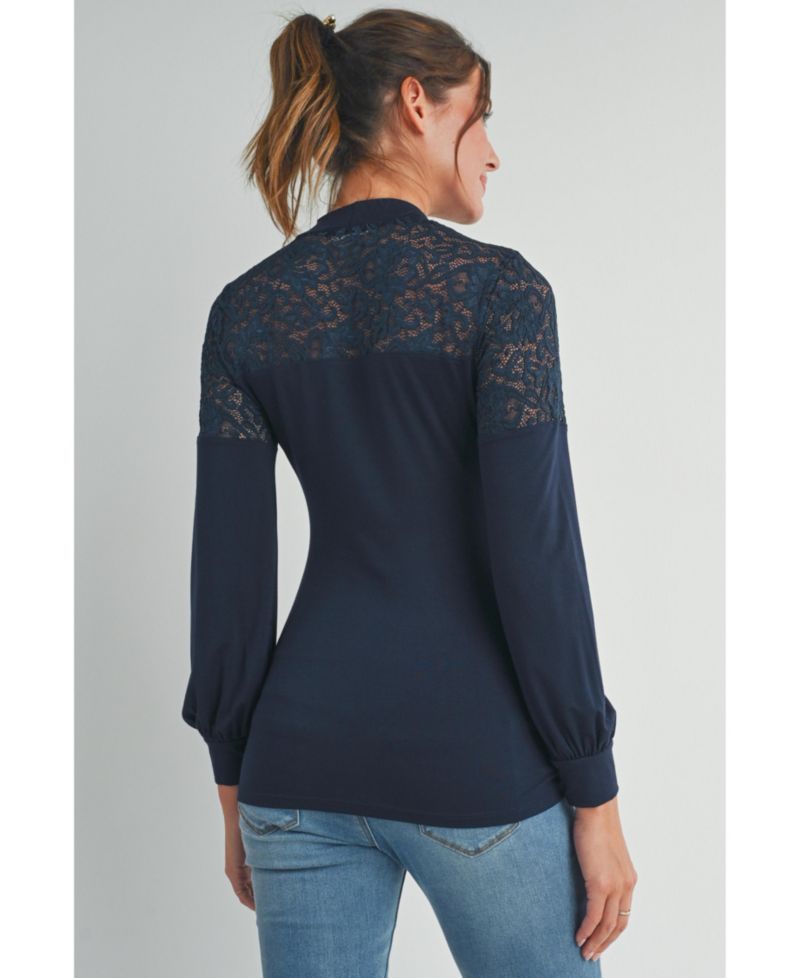 Maternity Floral-Lace Yoke Mock-Neck Long-Sleeve Top