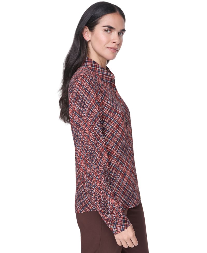 Women's Button-Front Pleated Plaid Long-Sleeve Blouse