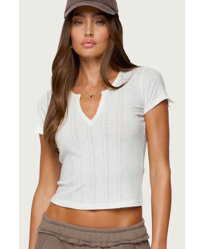 Women's Semi Sheer Ribbed V Neck T Shirt