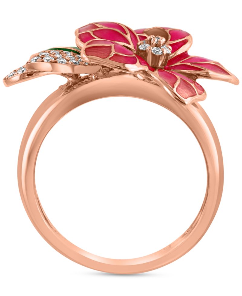 EFFY® Pink & Green Enamel & Diamond Flower Ring (1/5 ct. t.w.) in 14k Rose Gold