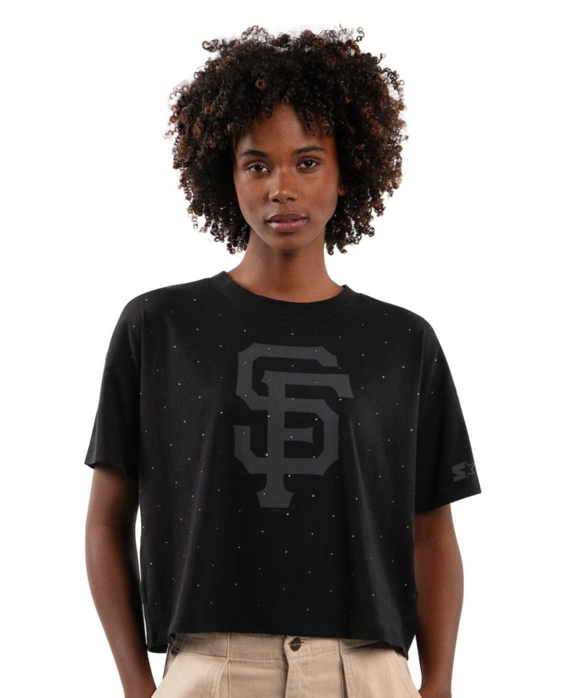 Women's Black San Francisco Giants Rhinestone Sprinkle Boxy Cropped T-Shirt