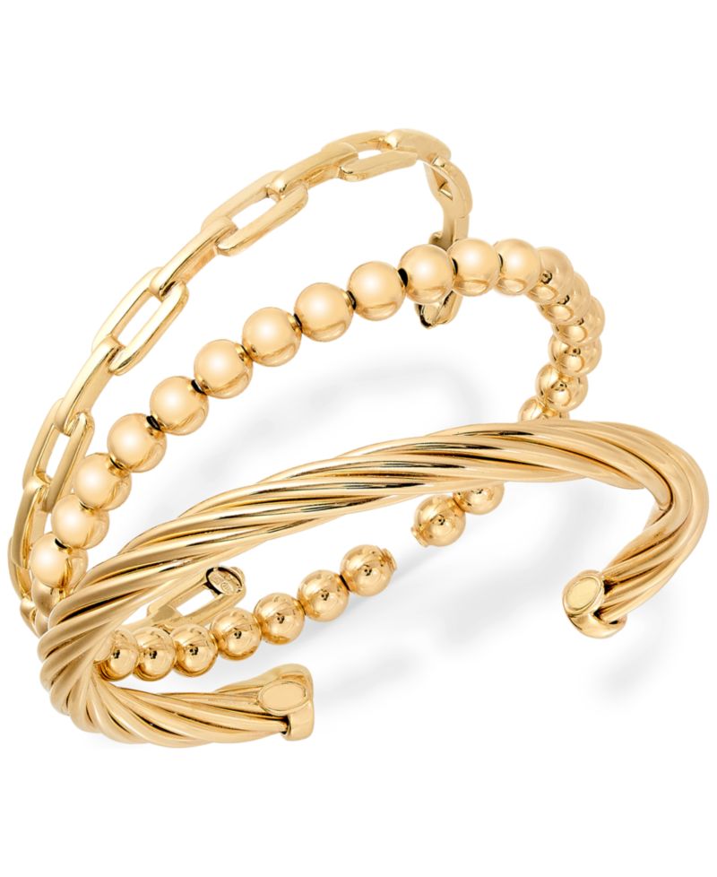 3-Pc. Set Beaded, Torchon & Paperclip Cuff Bangle Bracelets in 14k Gold-Plated Sterling Silver