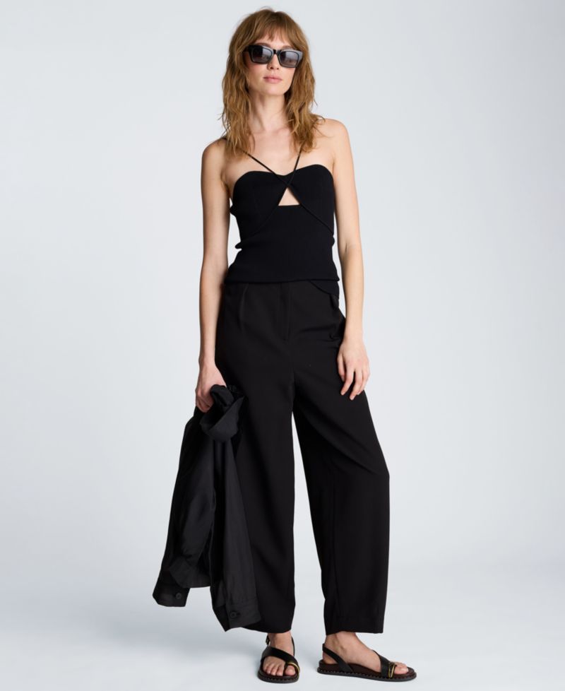 Women's Fly Front Hollywood Waist Pleated Barrel Leg Pants