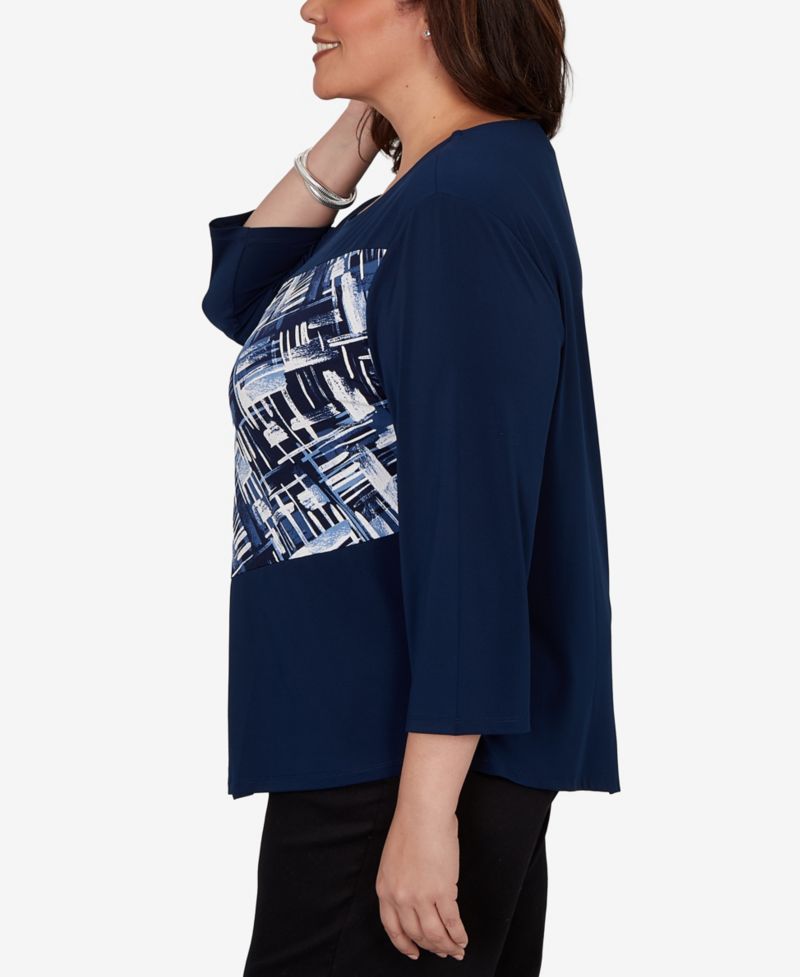 Plus Size Etched Plaid Diagonal Puff Printed Top