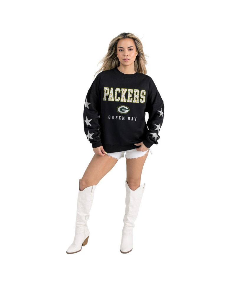 Women's Black Green Bay Packers Velocity Relaxed Rhinestone Pullover Sweatshirt