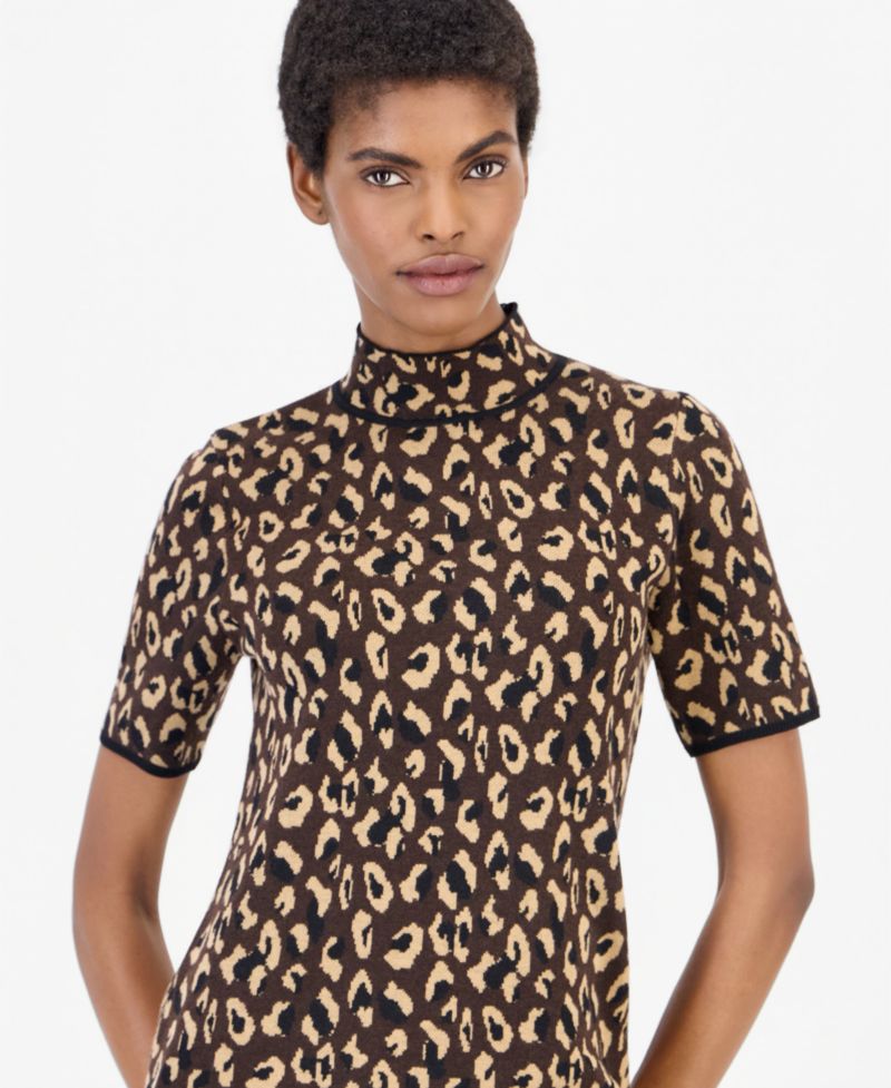 Petite Animal-Print Mock-Neck Short-Sleeve Sweater
