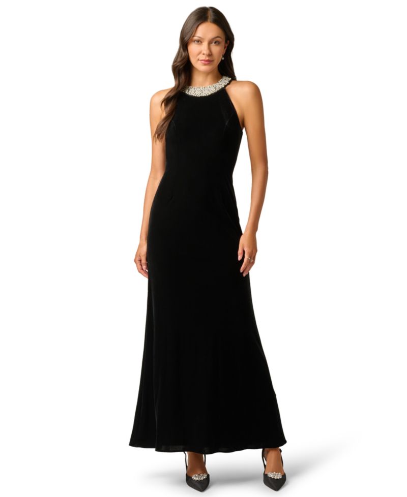 Petite Imitation Pearl Collar Velvet Sleeveless Halter Gown