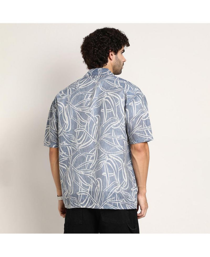 Men's Steel Blue Vine-Lines Resort Oversized Shirt