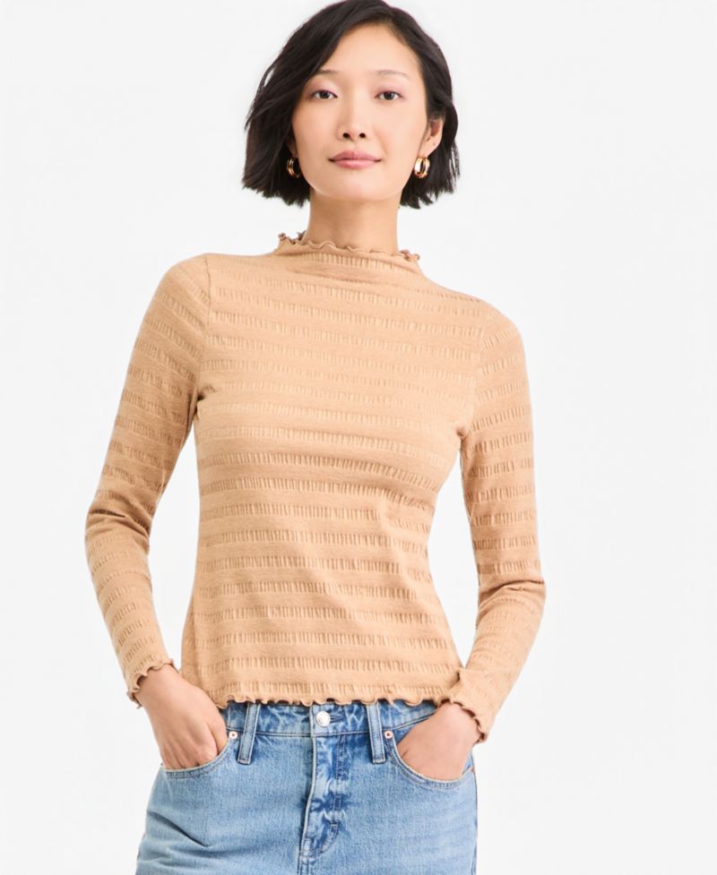 Plus Size Long-Sleeve Funnel Neck Puckered-Rib Top