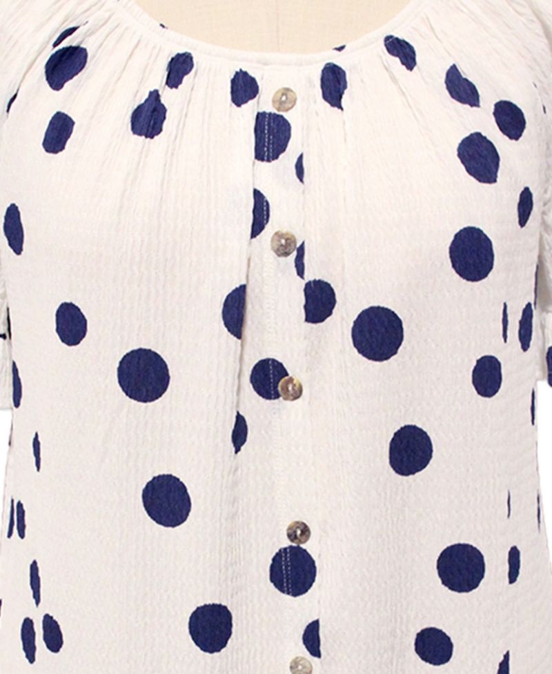 Plus Size Polka Dot Crinkle Knit Button-Front Ruffle Sleeve Top